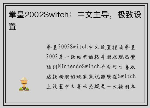 拳皇2002Switch：中文主导，极致设置