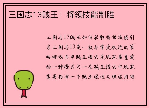 三国志13贼王：将领技能制胜