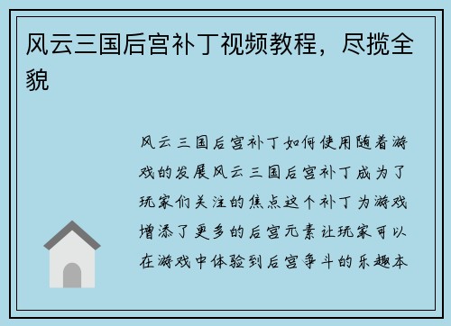 风云三国后宫补丁视频教程，尽揽全貌