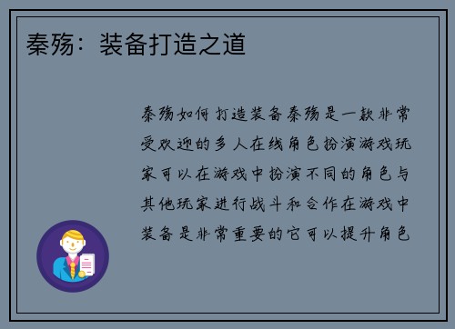 秦殇：装备打造之道